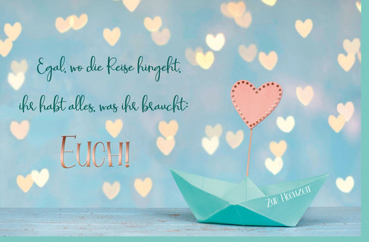 Hochzeitskarte "Liebesreise" – Romantisches Papierboot & Herz Design für das Brautpaar, Feier der Zweisamkeit