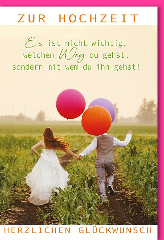 Hochzeitskarte - Liebevolles Brautpaar - Motiv mit Luftballons auf dem Weg zur Zweisamkeit
