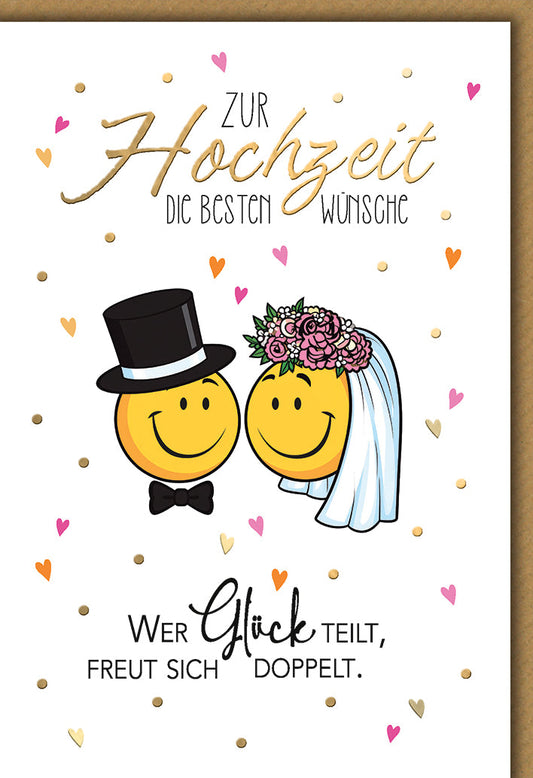 Hochzeitskarte Humorvoll – Smiley-Brautpaar mit Herzkonfetti und Goldakzenten