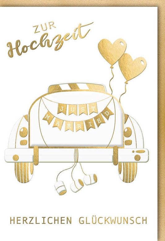 Hochzeitskarte mit Auto und Luftballons, Just Married in Gold & Weiß – Herzlichen Glückwunsch für die Brautpaare