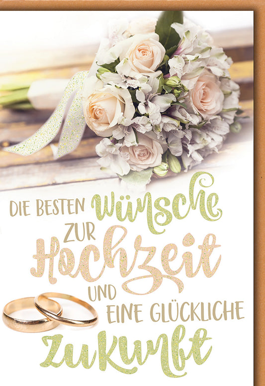 Hochzeitskarte Romantisch – Rosenstrauß mit Eheringen und glitzerndem Schriftzug