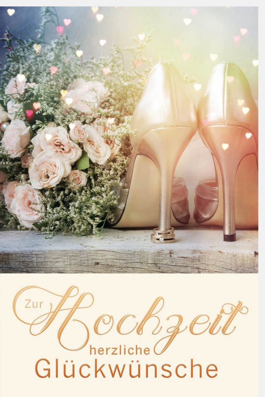 Hochzeitskarte mit Brautschuhen & Rosen – Vintage Herz, Goldene Eleganz, Romantische Glückwünsche