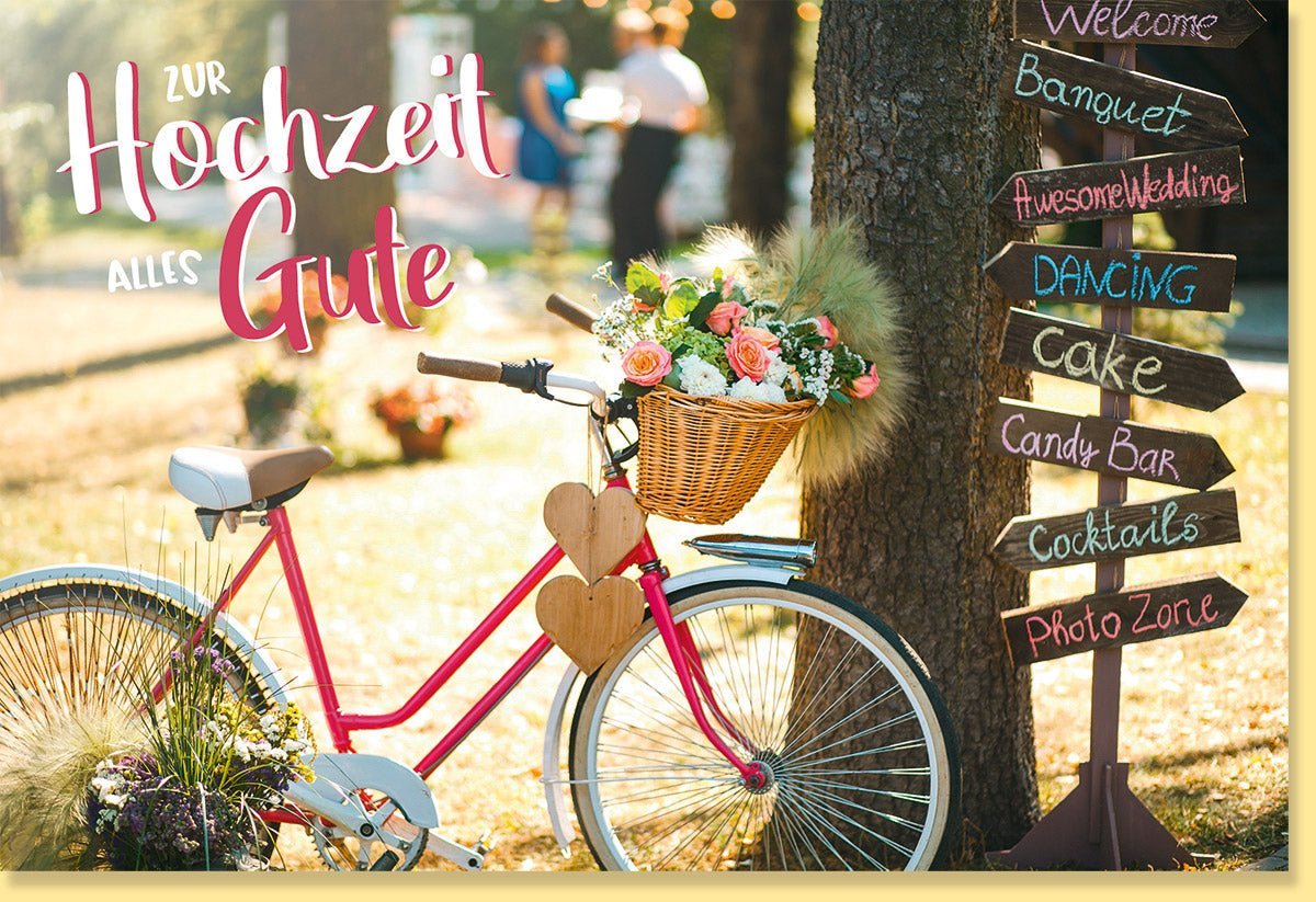 Hochzeitskarte mit Fahrrad & Holzherzen - Vintage Blumenkorb, Wegweiser Design für Frühlings - /Sommerhochzeit in Beige & Rosa