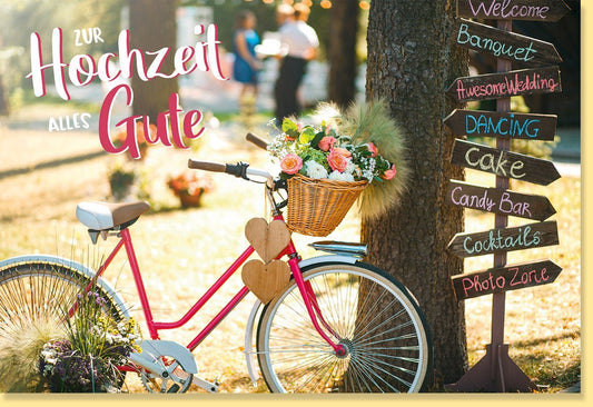 Hochzeitskarte mit Fahrrad & Holzherzen - Vintage Blumenkorb, Wegweiser Design für Frühlings - /Sommerhochzeit in Beige & Rosa