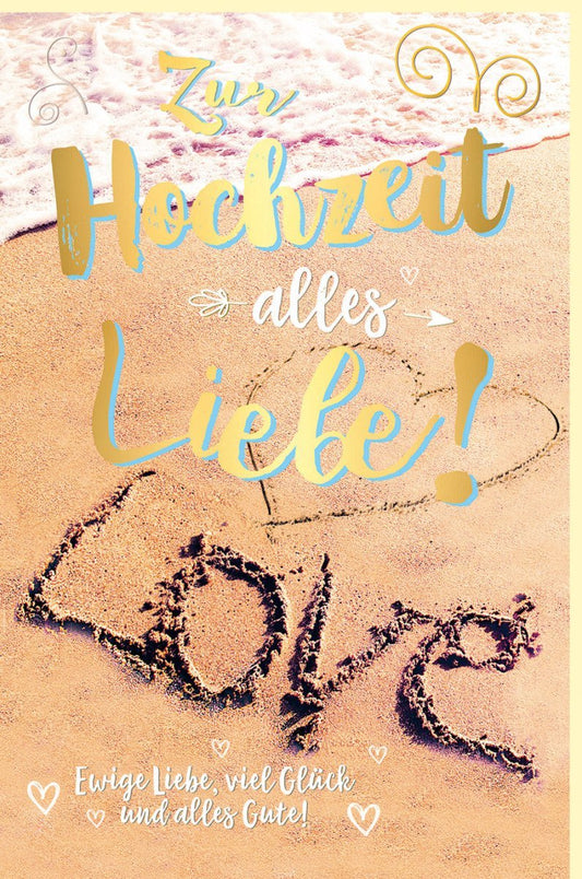 Hochzeitskarte mit Herz & Sand in Goldfolie – Romantische Grüße zur Verlobung, Heirat & Jubiläum für das glückliche Paar