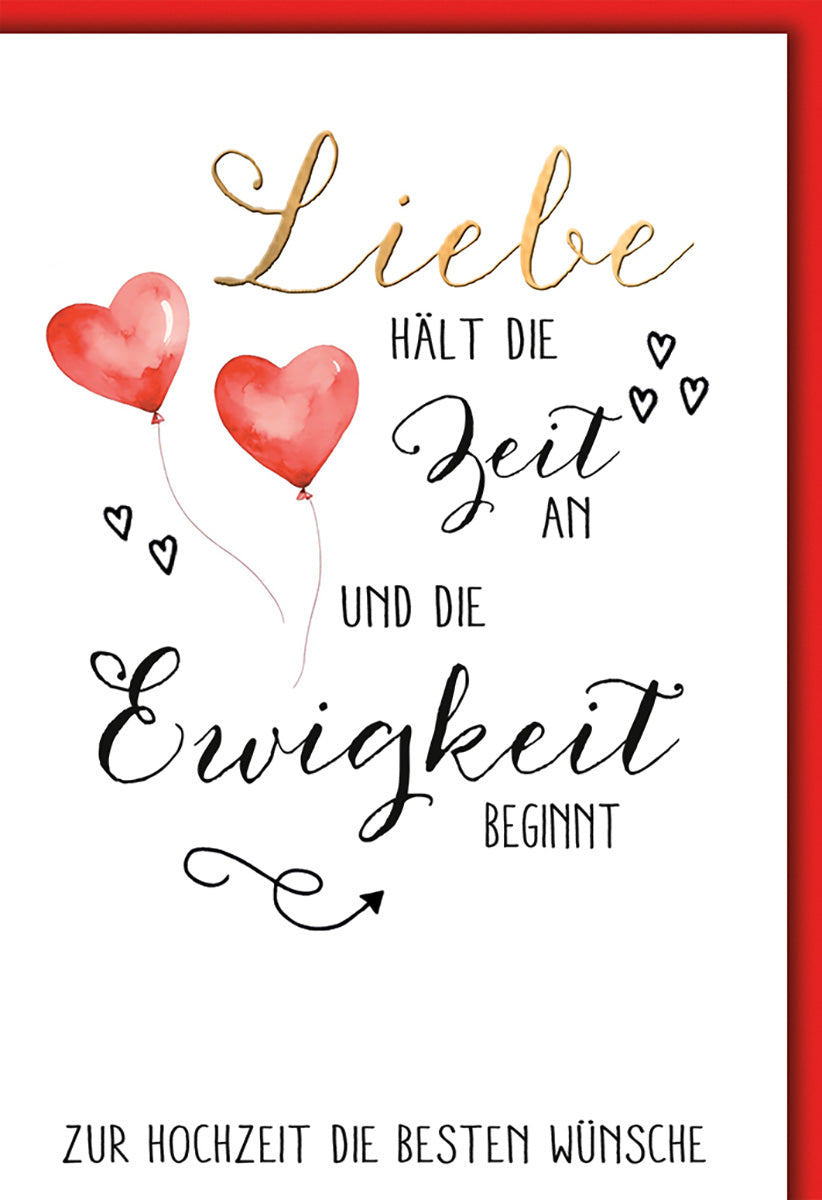 Hochzeitskarte Romantisch – Rote Herzballons mit kalligrafischem Liebesspruch