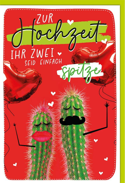 Hochzeitskarte mit Kaktusmotiv: Zwei Kakteen und Herzballons - Ihr Zwei seid einfach spitze!