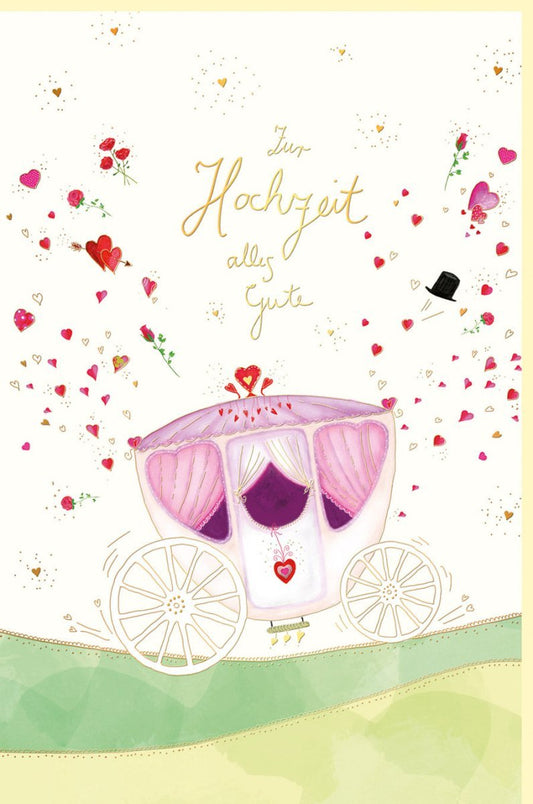 Hochzeitskarte mit Kutsche - Elegante Naturkarton - Karte in Creme Rosa Grün, Glitzerakzente für Brautpaar, Ideal für Verlobung & Jubiläum