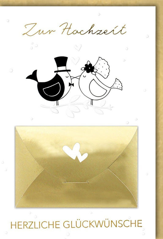 Hochzeitskarte mit Vögeln & Herz – Elegante Glückwünsche zur Hochzeit, Schlichtes Design, Goldener Umschlag, Brautpaar Illustration
