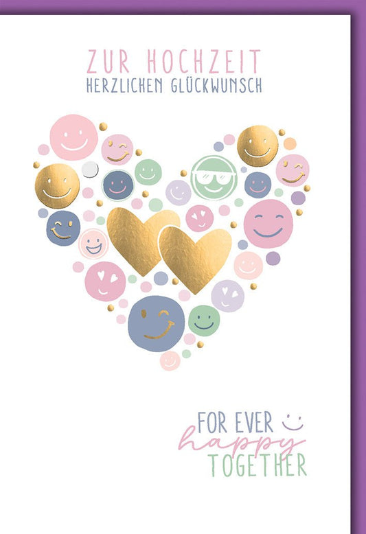 Hochzeitskarte Modern – Herz aus Smileys mit goldenen Akzenten und Pastellfarben
