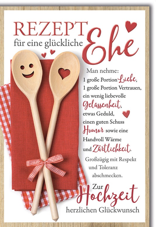 Hochzeitskarte Humorvoll – Rezept für Ehe mit Holzlöffeln und Herz-Design
