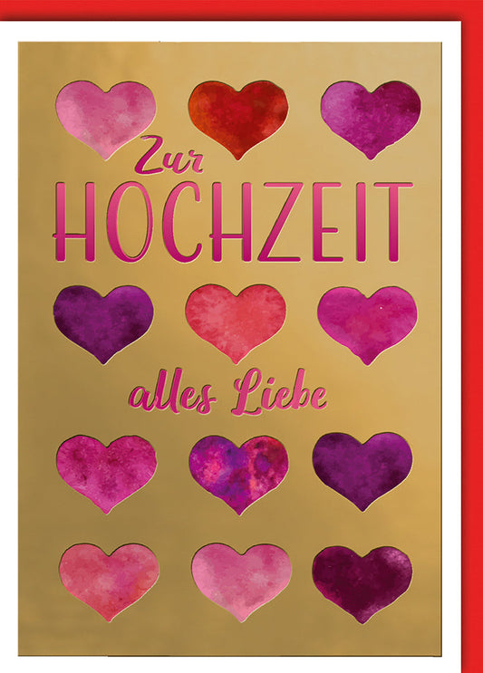 Hochzeitskarte Romantisch – Goldene Herzen mit Aquarell in Rot- und Violetttönen