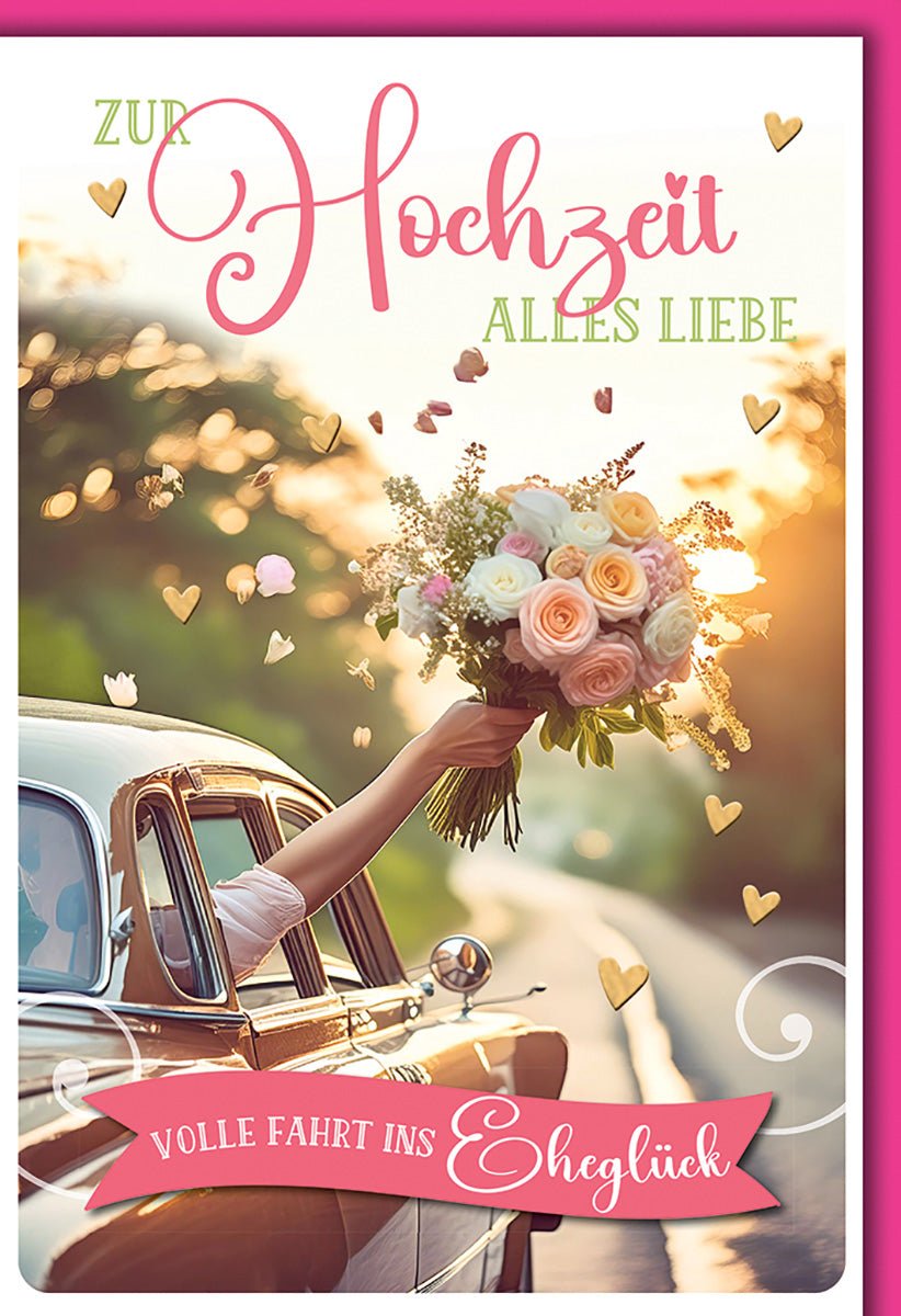 Hochzeitskarte Romantisch – Brautstrauß im Oldtimer mit Herzmotiven und Sonnenuntergang