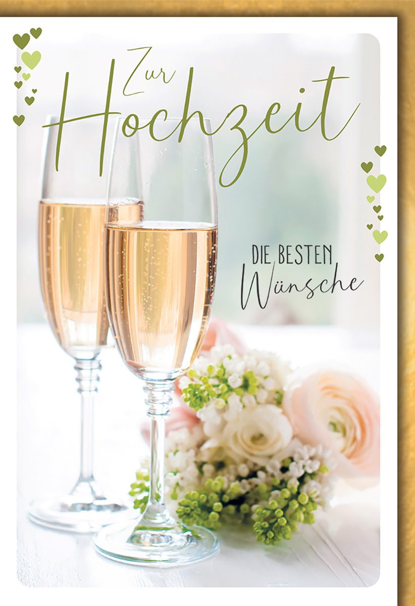 Hochzeitskarte Romantisch – Champagnergläser mit Blumen und Herz - Design in Pastellfarben