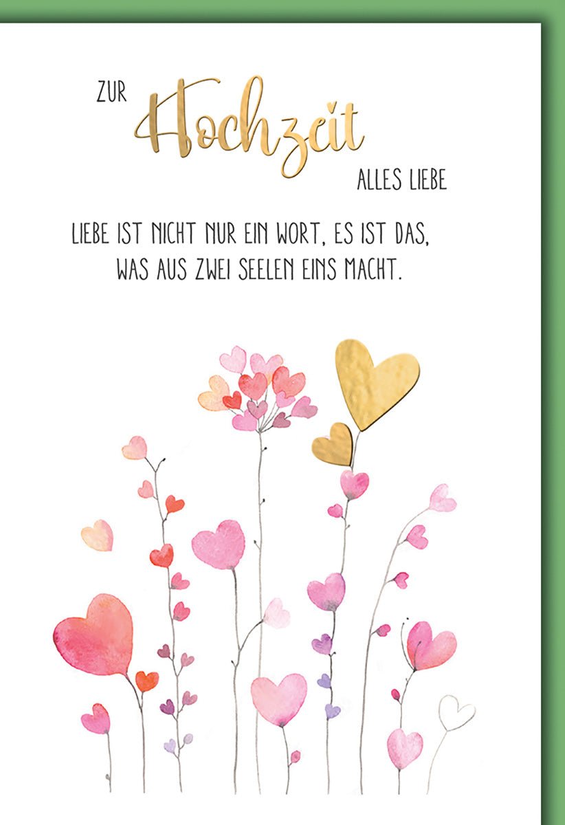 Hochzeitskarte Romantisch – Goldene Herzen mit rosa Blumen und liebevollem Zitat