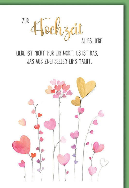 Hochzeitskarte Romantisch – Goldene Herzen mit rosa Blumen und liebevollem Zitat