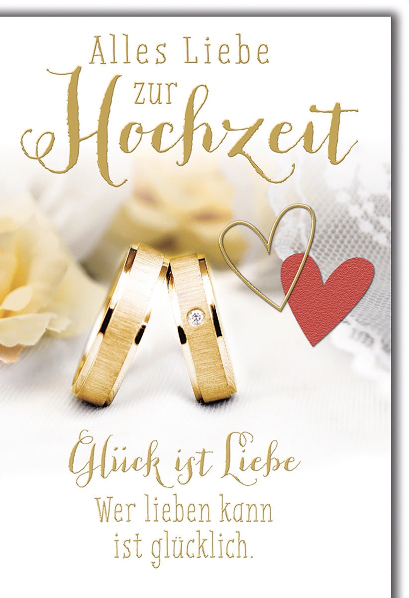Hochzeitskarte Romantisch – Goldene Ringe mit Herz und zartem Blumenmotiv