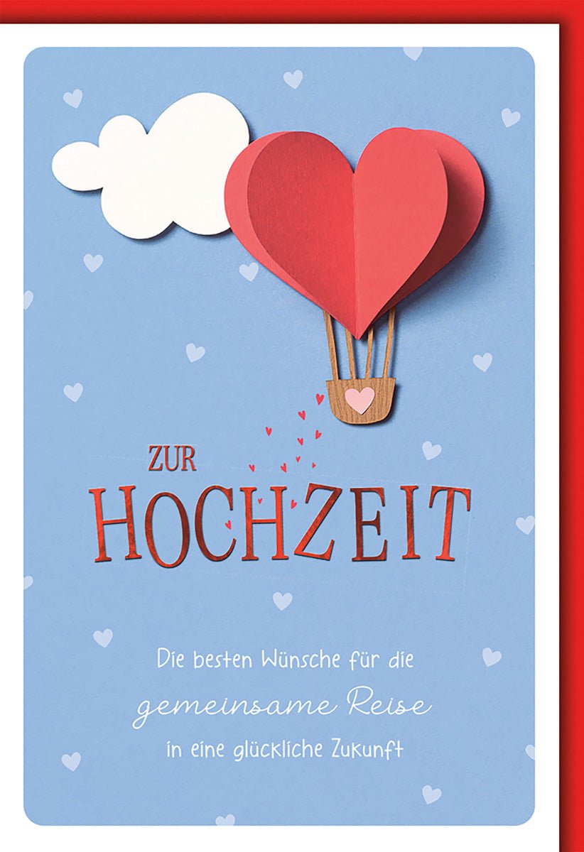 Hochzeitskarte Romantisch – Heißluftballon aus Herzen auf blauem Himmel mit Wolken