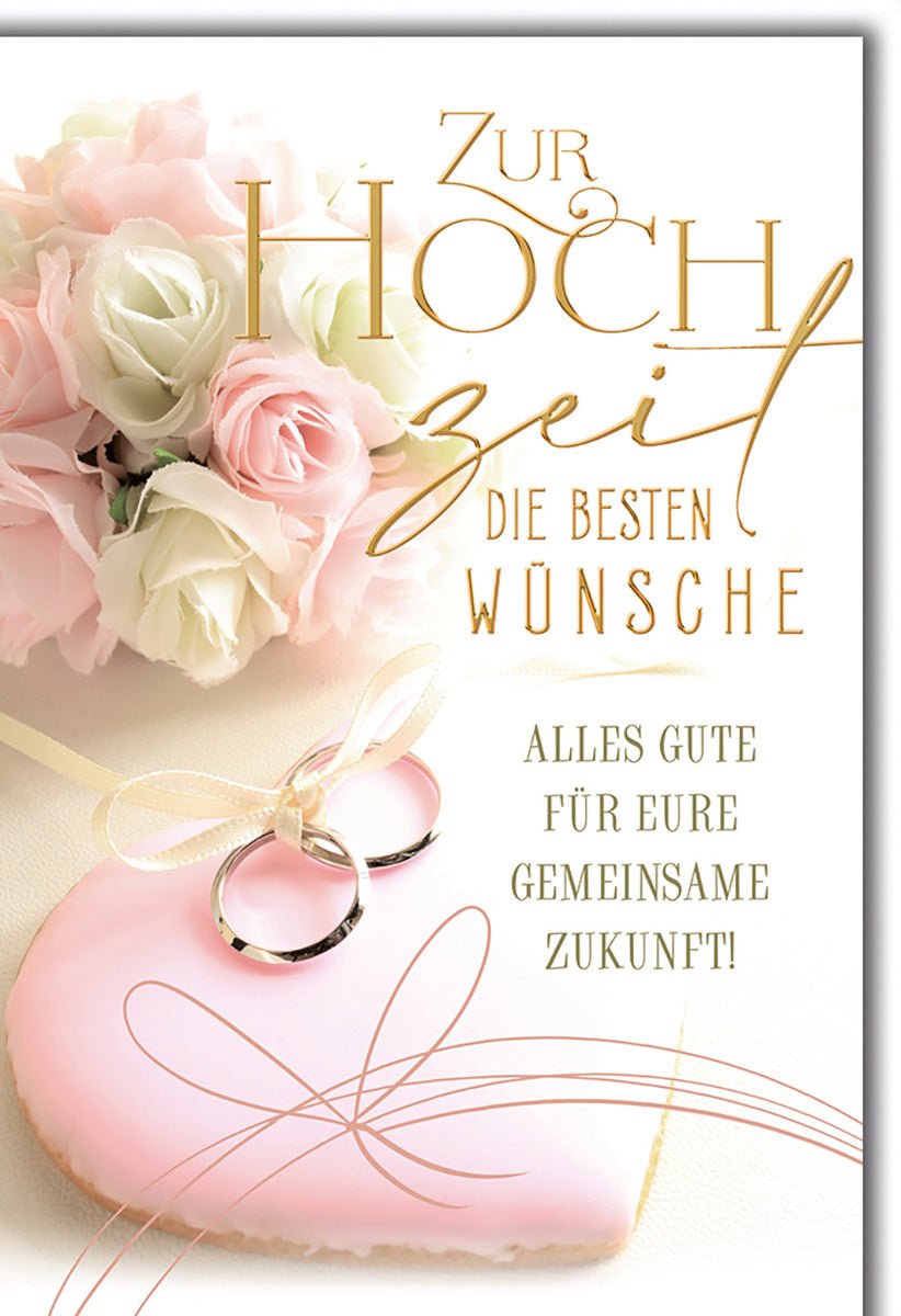 Hochzeitskarte Romantisch – Rosenbouquet mit Eheringen und Herz in Pastellrosa