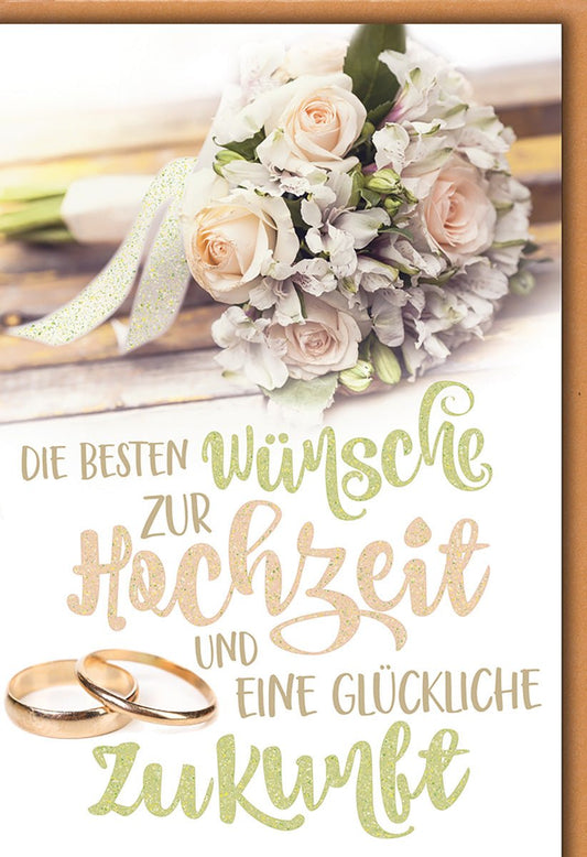 Hochzeitskarte Romantisch – Rosenstrauß mit Eheringen und glitzerndem Schriftzug