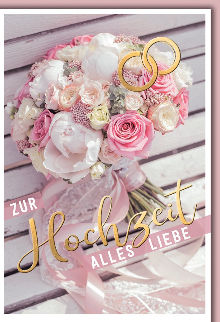 Hochzeitskarte Romantisch – Rosenstrauß mit goldenen Ringen und zartem Schleifenband