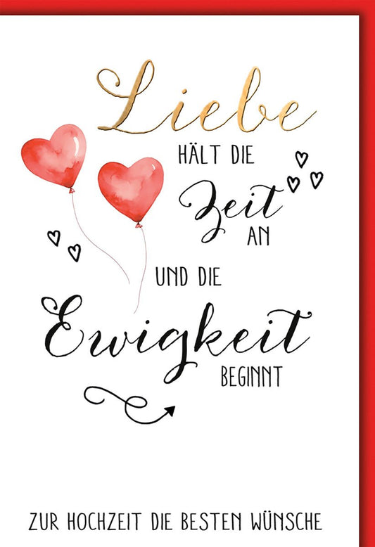 Hochzeitskarte Romantisch – Rote Herzballons mit kalligrafischem Liebesspruch