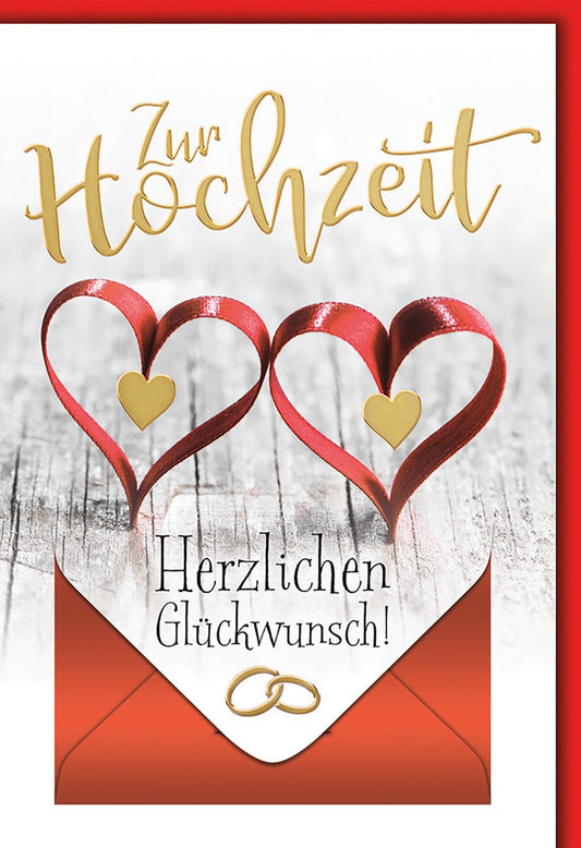 Hochzeitskarte Romantisch – Rote Herzschleifen auf Holz mit Goldschrift und Umschlag