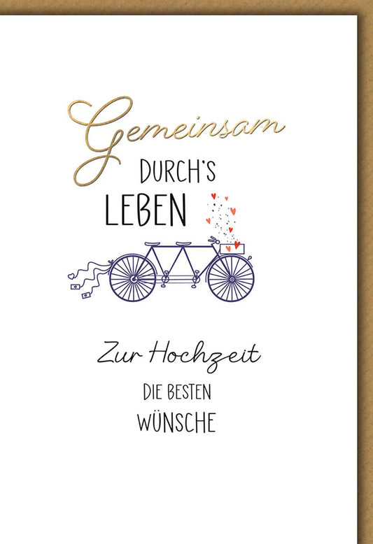 Hochzeitskarte Romantisch – Tandemfahrrad mit Herzen und Goldschrift