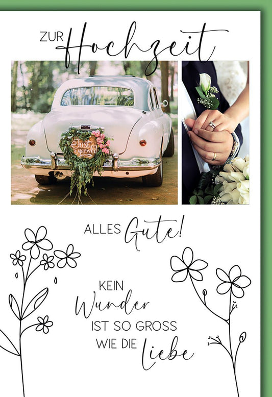 Hochzeitskarte Romantisch – Vintage Auto mit Blumen und floralen Zeichnungen