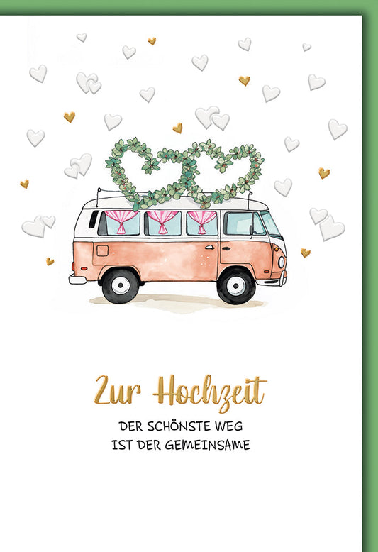 Hochzeitskarte Vintage – VW-Bus mit Herzgirlande und Aquarell-Herzen in Pastell