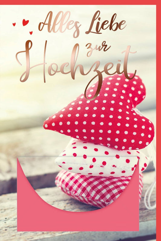 Hochzeitskarte – Romantische Gratulationskarte mit Herzen in Rot - Weiß für das Ehepaar