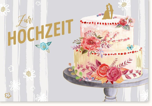 Hochzeitskarte: Romantische Torten - und Blumenillustration - Herzliche Glückwünsche zur Hochzeit