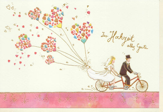 Hochzeitskarte - Romantisches Brautpaar auf Fahrrad mit Luftballons & Herzen - Elegante Glückwünsche zur Hochzeit