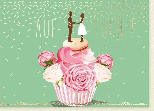 Hochzeitskarte - Romantisches Vintage Rosencupcake Design für Brautpaar, Liebevolle Glückwünsche zur Ehe und Jubiläumsfeier
