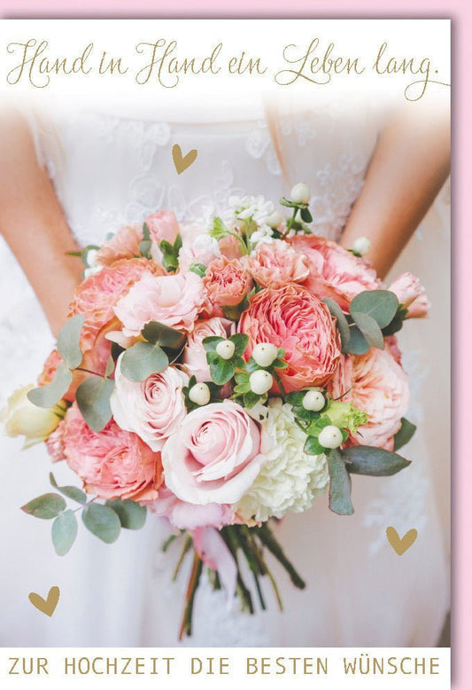 Hochzeitskarte - Stilvolle Karte mit Blumenstrauß & Rosa Herzen, Hand in Hand Motiv von Verlag Dominique La Vida
