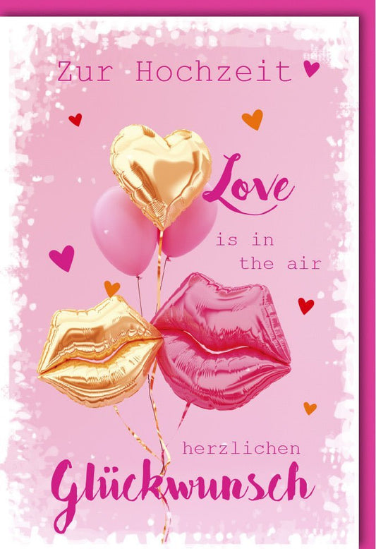 Hochzeitskarte - Stilvolle Karte mit goldenen & pinken Herzen und Luftballons, Herzliche Gratulation