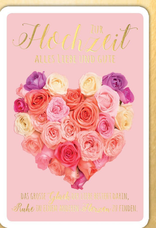 Hochzeitskarte - Stilvolle Karte mit Herzen & Rosen, Herzliche Glückwünsche zur Hochzeit