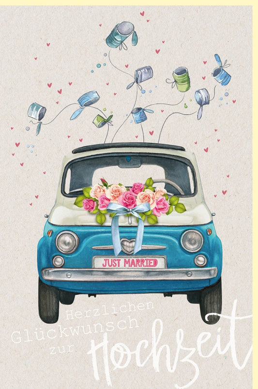 Hochzeitskarte - Vintage Just Married Motiv mit Brautpaar, Blumenstrauß in Blau & Rosa, Retro Glückwünsche zum Hochzeitstag