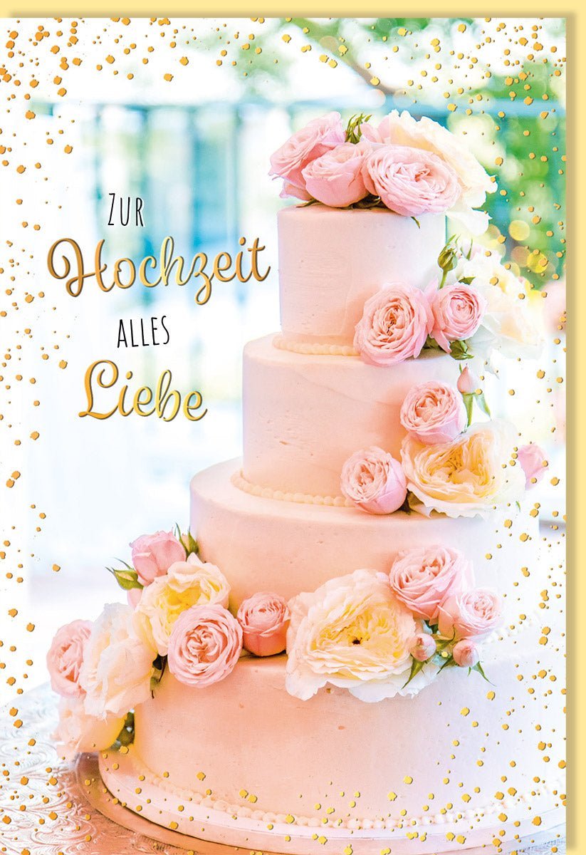 Hochzeitskarte zur Feier – Romantische Torten - Illustration, Liebevoller Spruch & Goldene Akzente im Blumen - Design