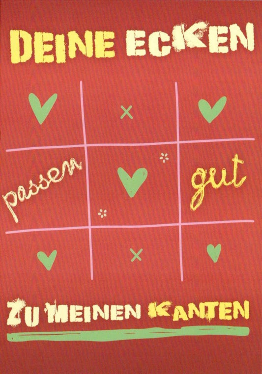 Humorvolle Beziehungskarte: Liebe & Ecken, Rotes Herz Tic - Tac - Toe, Witzige Grafik, A6 Postkarten - Sprüche