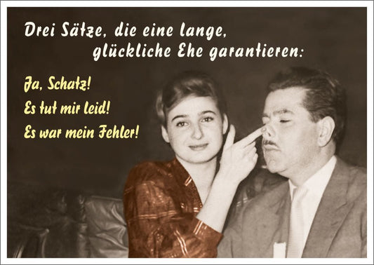 Humorvolle Postkarte für eine glückliche Ehe: Drei Sätze, die euer gemeinsames Glück besiegeln