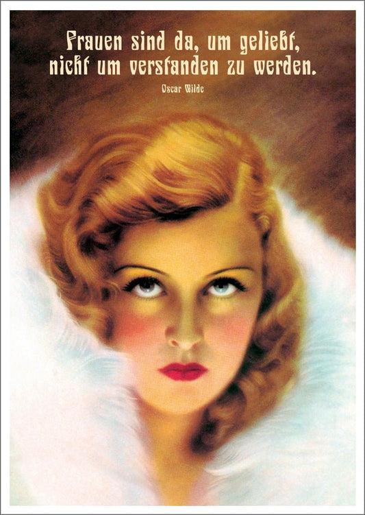 Humorvolle Postkarte mit Oscar Wilde Zitat - Retro Illustration für Frauen, Liebe & Verständnis