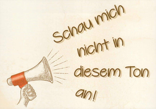 Humorvolle Postkarte - Retro - Stil "Megafon Lautstärke", Vintage Design, Perfekt als Geschenk oder Deko, Braun - Beige Hintergrund