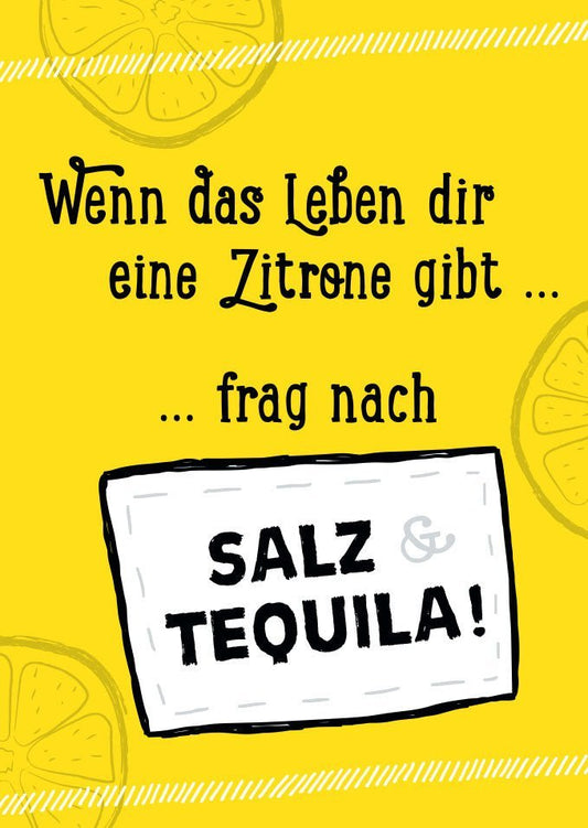 Humorvolle Sprüche - Postkarte "Zitrone trifft Tequila" - Optimismus & Positivität, Gelb & Weiß, Witziges Geschenk