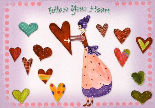 Inspirations - Postkarte "Follow Your Heart" - Kreatives Design mit Herz und Glück, Bunte Zeichnung einer Frau im Kleid, Postkarten - Sprüche