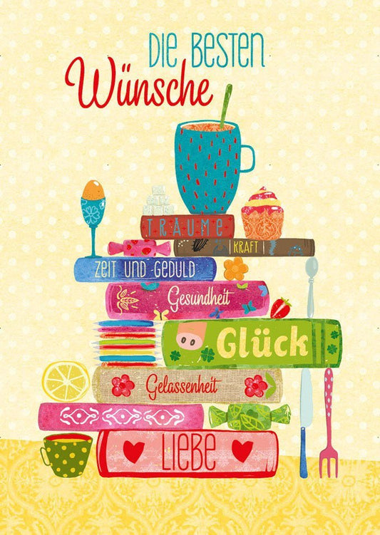 Inspirierende Postkarte mit Bücherstapel: Glück & Liebe, Retro - Illustration, Folienprägung, Motivationsspruch