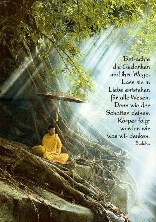 Inspirierende Postkarte mit Buddha Weisheiten, Zen Spiritualität & Naturmotiv für Achtsamkeit und innere Ruhe