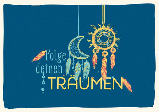 Inspirierende Postkarte: Traumfänger mit Mond und Federn in Blau - Gelb für Träumer, ideal als Geschenk oder Dekoration