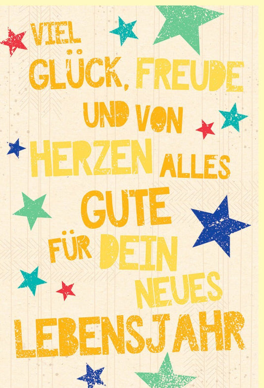 Jubiläumskarte – Farbenfrohe Glückwunschkarte aus Zuckerrohrpapier mit bunten Sternen, Gelb, Herzliche Grüße für Freunde & Familie