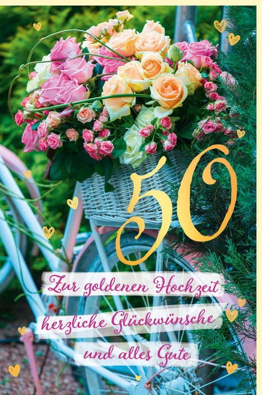 Jubiläumskarte Goldene Hochzeit – 50 Jahre Liebe: Glückwünsche mit Rosen & Herz für Ehepaare